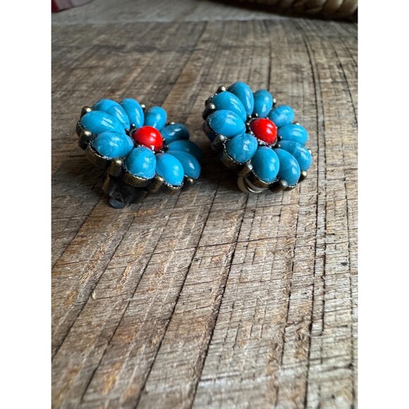 Vintage Turquoise & Red Flower Clip-On Earrings Boho Southwestern Style - Picture 3 of 5